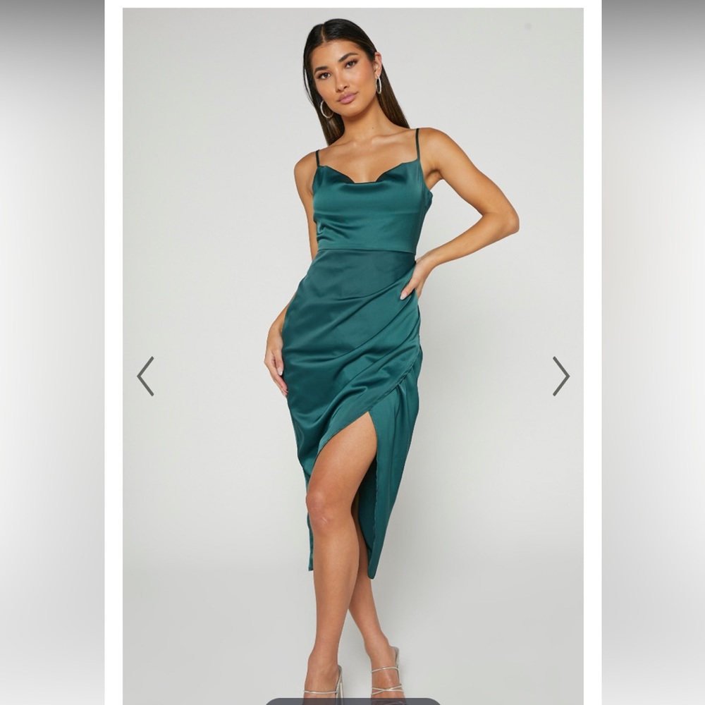 DAZZLING LIGHTS MIDI DRESS - COWL NECK DRAPED DRESS IN EMERALD SATIN